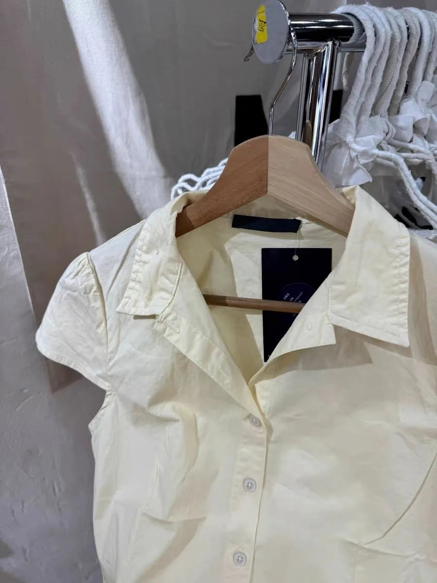 Butter Yellow T-Shirts Blouse Women Summer Turn Down Collar Single Breasted Short Sleeve Tees Sweet Cute Vintage Tshirt Y2K Tops