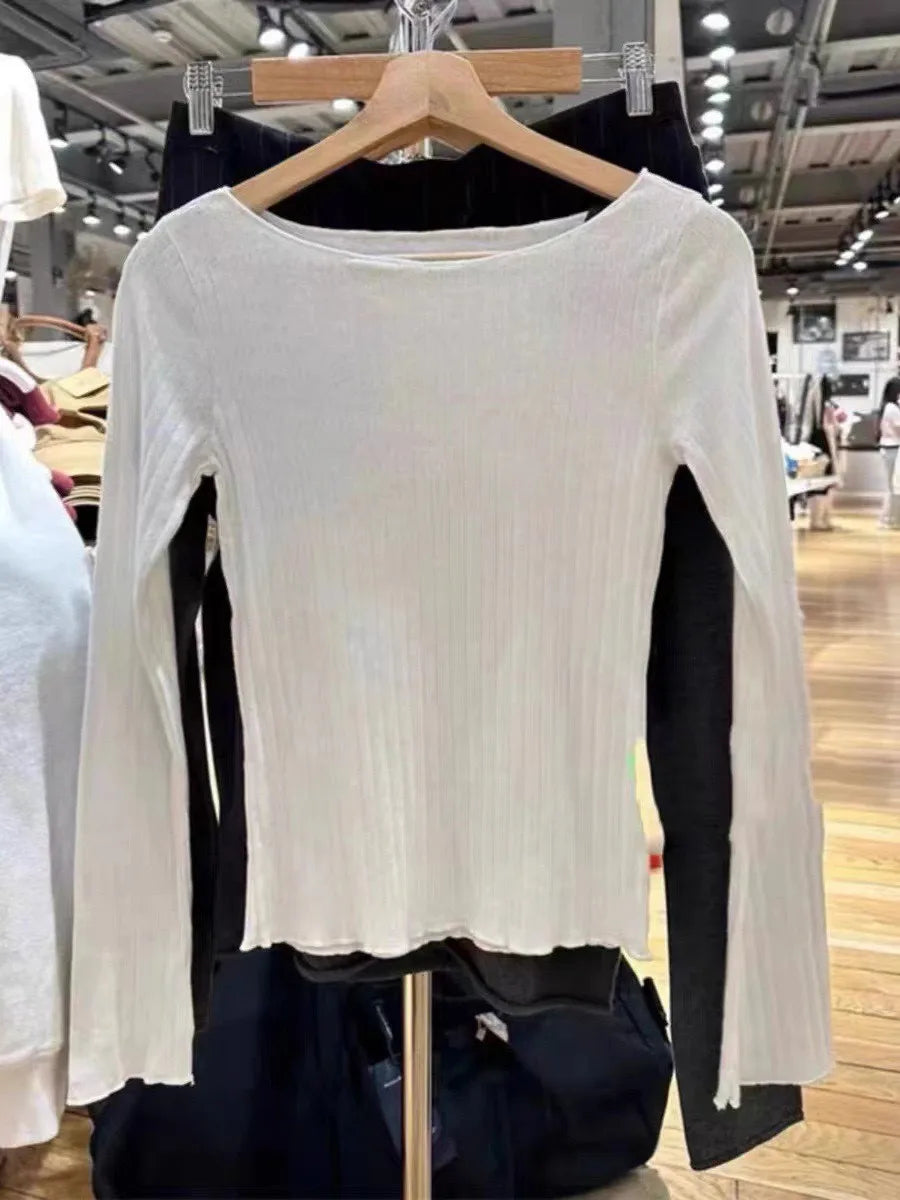 Simple White Hollow Out Slim T-shirts Women Cotton Raw Trim Crew Neck Long Sleeve Tops Clothes Vintage Chic Sweet Tees Clothes