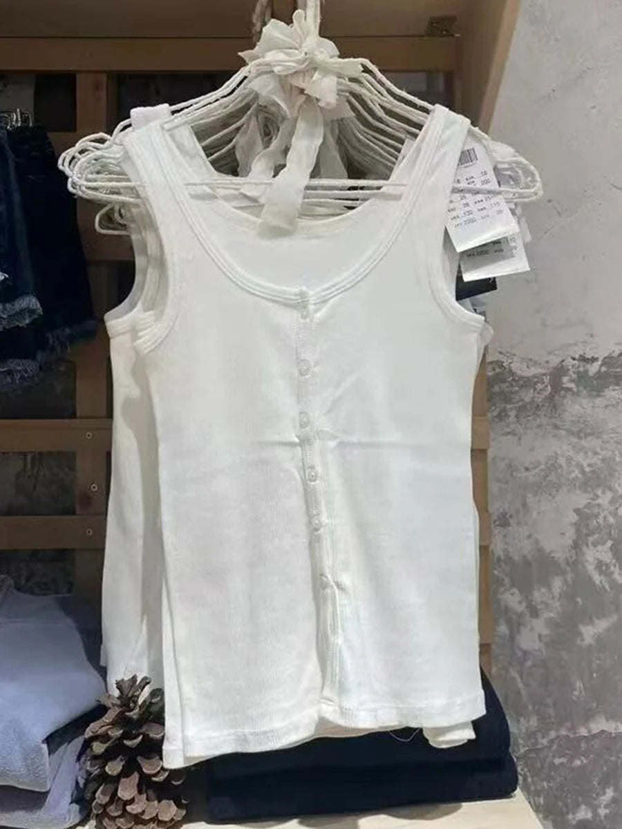 Ribbed Slim Tank Tops Woman Summer Solid Simple Cotton Three Buttons Sleeveless Top Female Casual Vintage Streetwear Y2k Vest