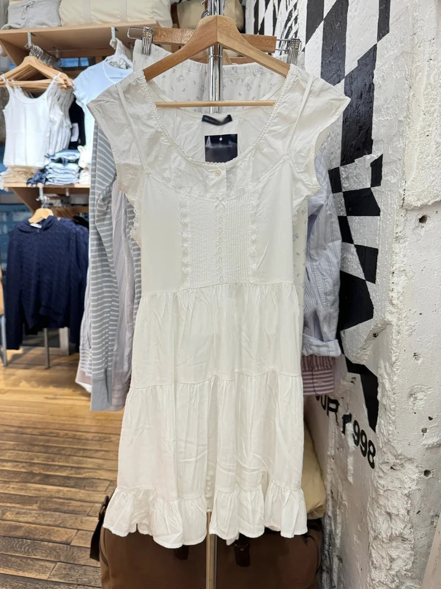 Lace Trim White A-line Dress Women New Elastic Waist V-neck Sleeveless Mini Dresses Vintage Preppy Style Sweet Short Vestido Y2K
