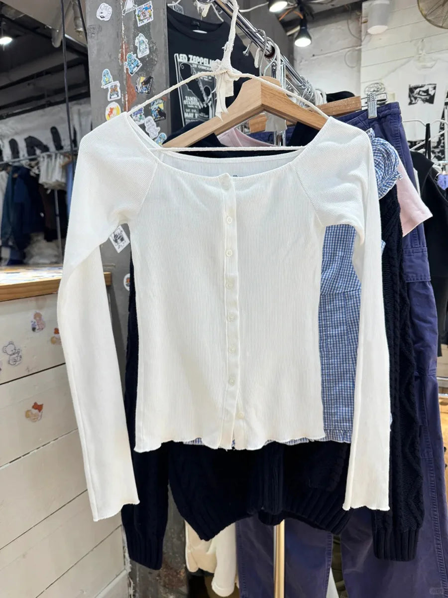 White Square Neck Slim Long Sleeve T-shirt Women Simple Basic O-Neck Single Breasted Cotton Tees Chic Sweet Tshirt Y2K Tops New