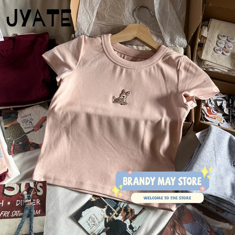 Little Deer Embroidery Crop Tops Women New Cotton Soft Casual Simple Cute Slim Short Sleeve Tees Preppy Style Sweet T-shirts Y2K