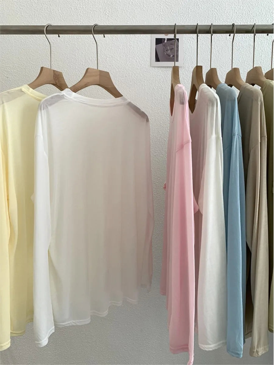 Sweet Thin Sun Protection T-shirts Women Summer Casual Streetwear Lyocell O-neck Long Sleeve Tees Chic Preppy Style Tops Y2K New