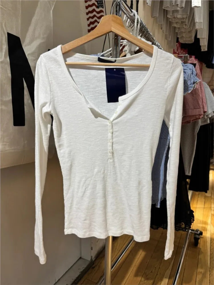 Slub Cotton White Long Sleeve T-shirt Woman Six Buttons Round Neck Slim Tee Tops Female Casual Simple All-match Basic Tshirts
