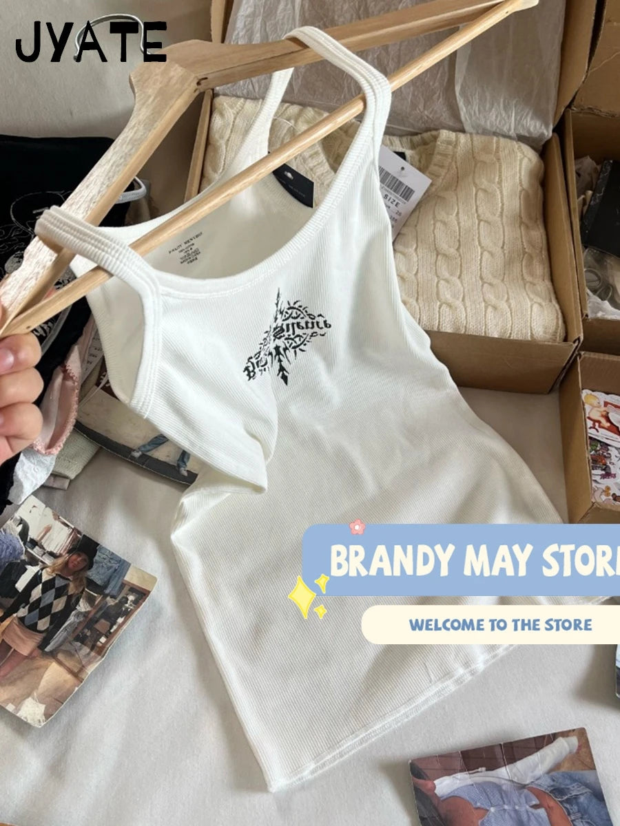 Retro Letter Print Ribbed Tank Tops Women Summer New Slim Casual Simple U-neck Sleeveless Vests Sweet Cute Vintage Camisole Y2K