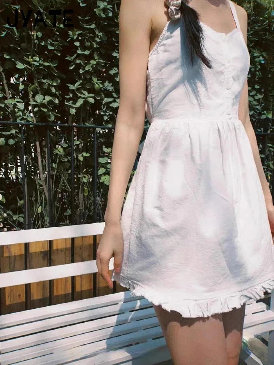 Sweet White Folds Texture Camisole Dress Women Cotton High Quality A-line Vestidos Summer Vintage Chic Slim Y2K Mini Dresses New
