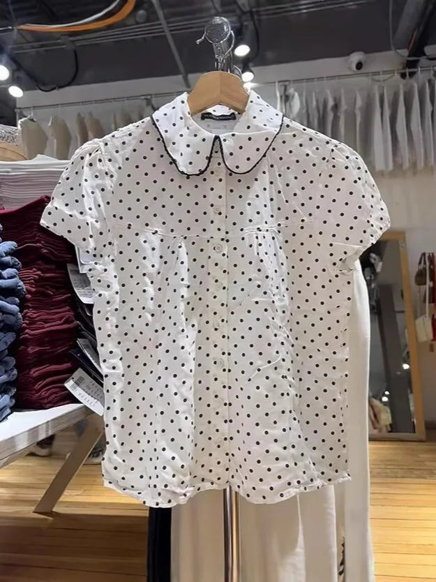 White Blue Lace Trim T-shirt Blouse Women Casual Pan Collar Single Breasted Short Sleeve Tee Sweet Vintage Cute Slim Tshirt Tops