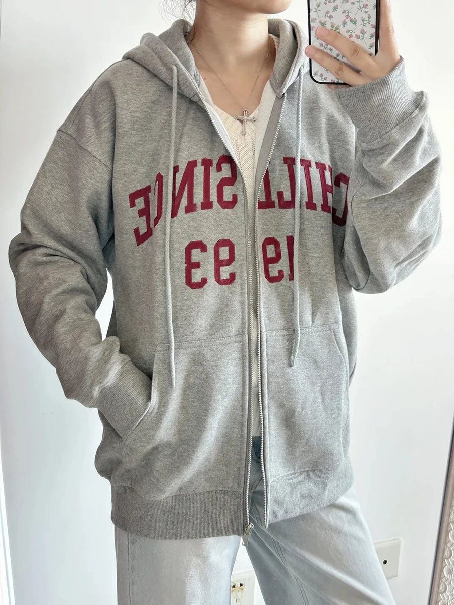 Letter Embroidered Zip-up Hoodies Woman Casual Simple Long Sleeve Oversized Hooded Cotton Sweatshirts Preppy Style Hoodies Tops