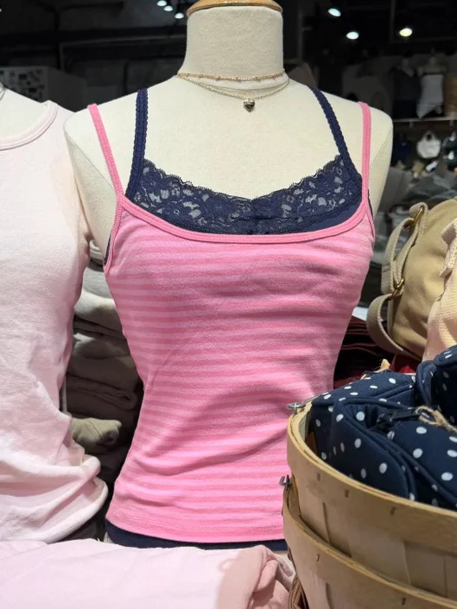 Blue Striped Eyelet Tank Tops Women Summer Y2K Cotton Soft Bow Lace Trim Sleeveless Vests Sweet Cute Preppy Style Camisole New