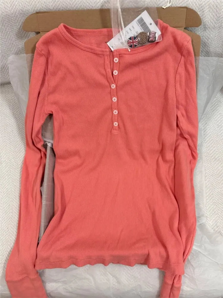 Orange Ribbed Long Sleeve Tees Women Autumn Cotton Button Patchwork Slim Zelly Tops Preppy Style Sweet Tees