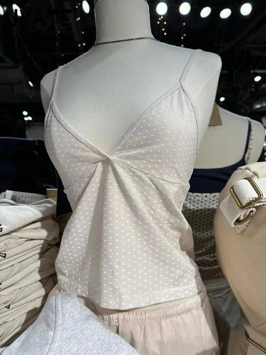 Heart Print Pink Sexy V-neck Tank Tops Women Summer Cotton Soft Preppy Slim Sleeveless Cropped Vests Sweet Cute Vintage Camisole