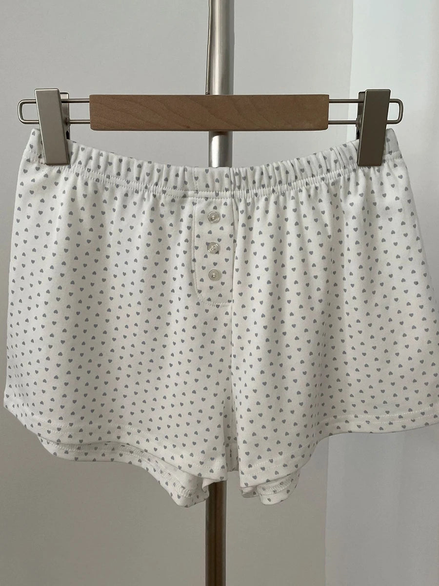 Sweet Eyelet Floral Print Short Pants Women Three Buttons High Waist Straight Home Cozy Underwear Casual Cute Cotton Shorts Y2K