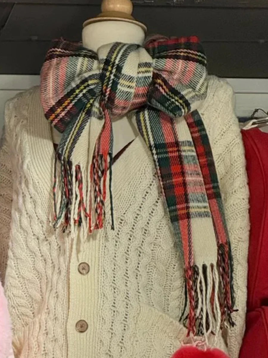 American Vintage Tassel Plaid Knitted Scarf Women Winter Unisex Warm Long Size Casual All-match Preppy Style Scarves Christmas