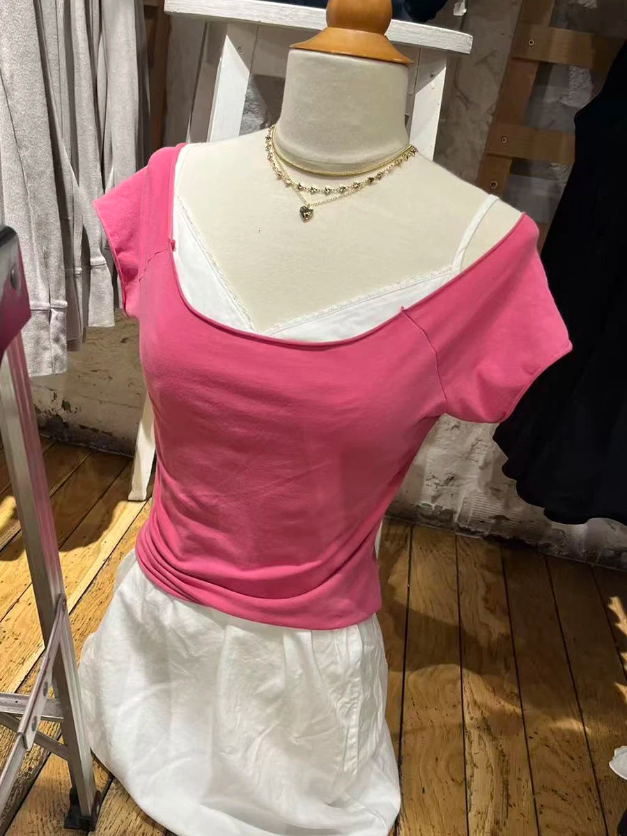 Rose Pink Slash Neck Crop Tops Women Summer Simple All-match Cotton Casual Slim T-shirts Sweet Cute Preppy Style Cropped Tees