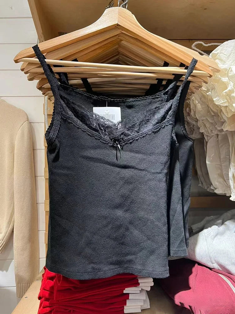 Sexy Lace Trim Slim Black Tank Tops Women Summer New Sweet Cotton Simple Sleeveless Vest Female Preppy Style Basic Crop Top Y2K
