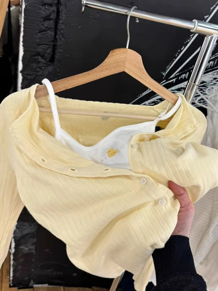 Yellow Eyelet Slim Long Sleeve T-shirt Women Preppy Style O-neck Single Breasted Cotton Tee Shirts Cute Vintage Sweet Tops Y2K