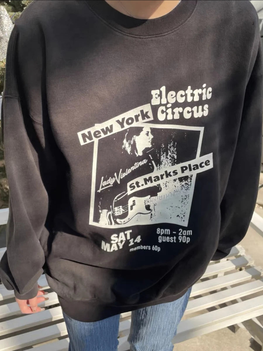 Guitarist Print Oversize Sweatshirts Women Autumn Long Sleeve O-Neck Cotton Hoodie Rock Vintage Streetwear Loose Sweatshirt Y2k