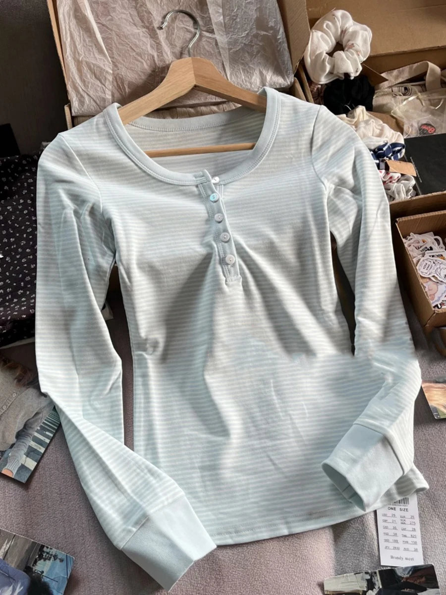 Pink Striped Buttons Striped Long Sleeve T-shirt Women O-neck Cotton Slim Tee Shirts Female Sweet Casual Cute Tshirt Y2k Top New