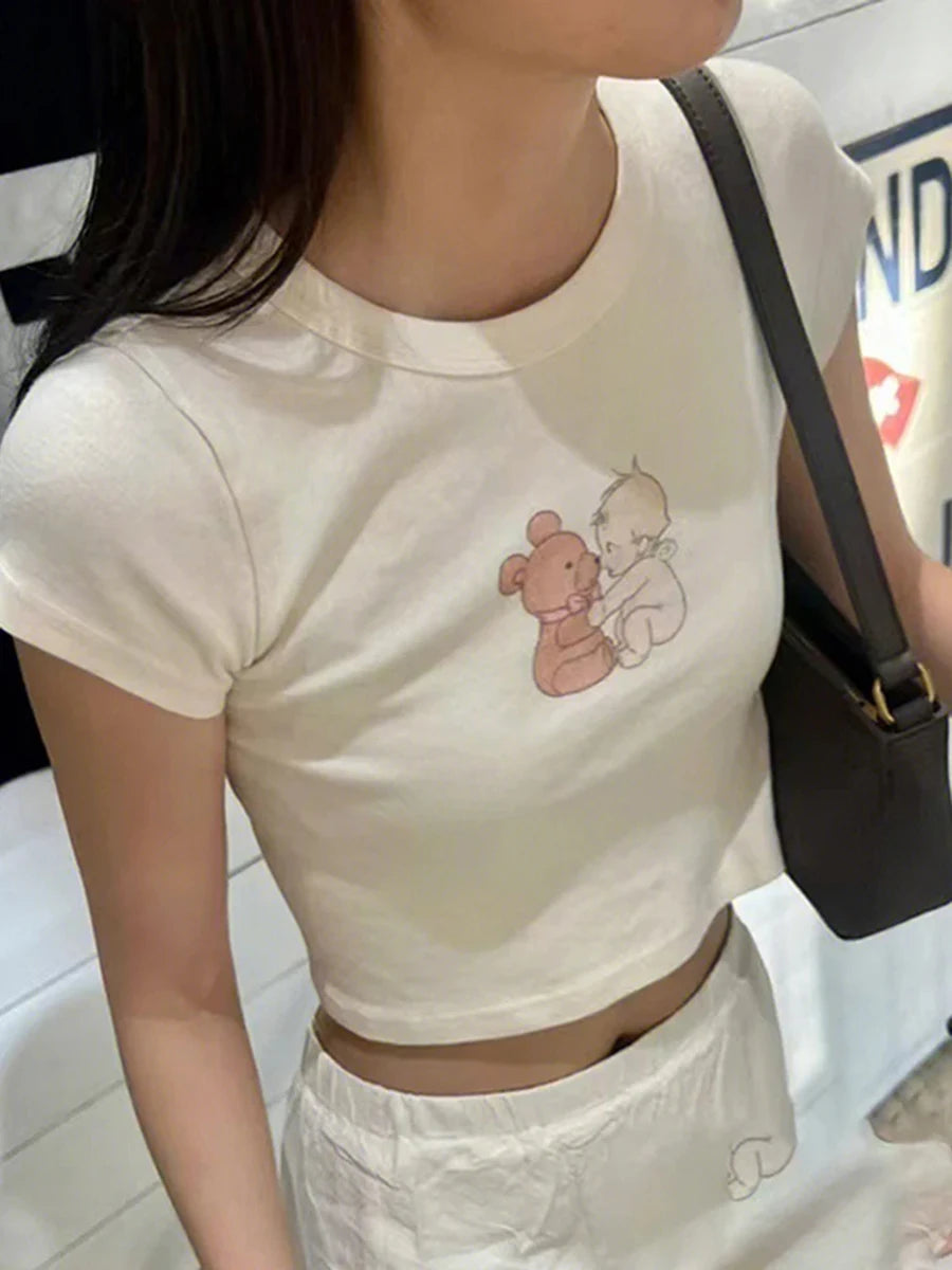 Sweet Angel Bear Print Pink Crop Tops Women New Cotton O-neck Casual Slim Cropped Tees Shirt Cute Preppy Style Chic T-shirts Y2K