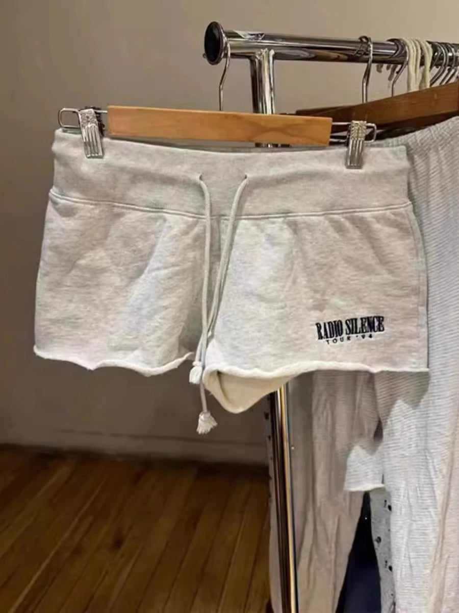 White Letter Embroidery Sweatshorts Woman Summer Low Waist Drawstring Straight Short Pant Female Casual Sweet Sport Shorts