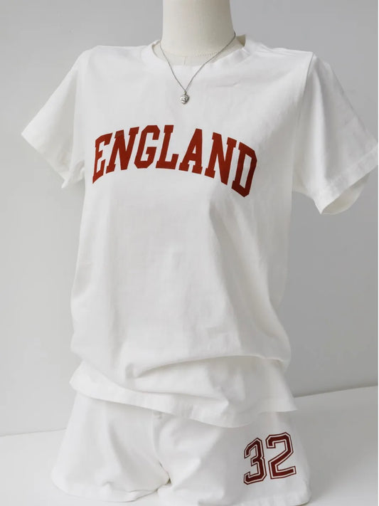 Letter Print T-shirt+NO.32 Short Pants Women New Cotton O-neck Slim Tee Elastic Waist Straight Short Pant Sweet Simple Sets Suit