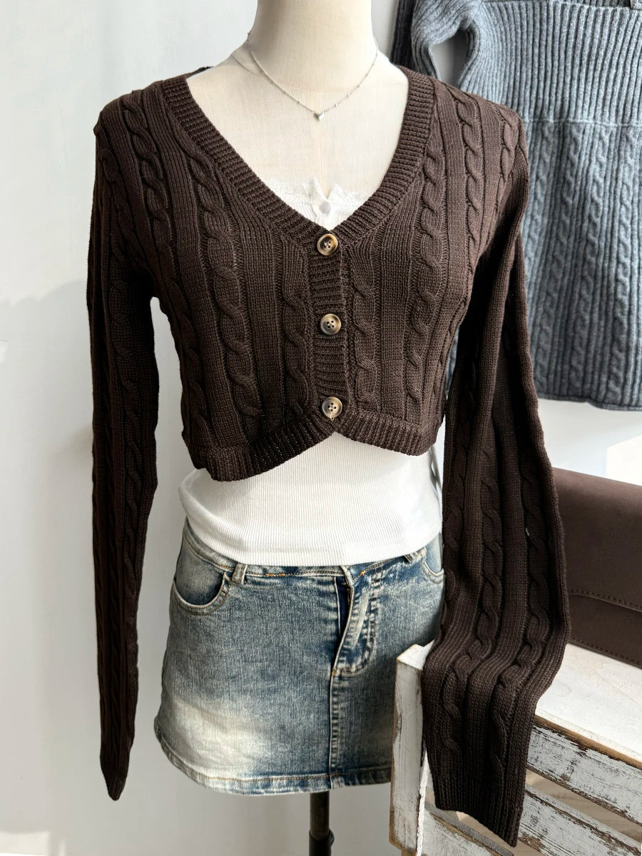 Brown Cropped Knitwear Women Cotton Twisted Flower V-neck Long Sleeve Slim Crop Tops Sweater Vintage Chic Sweater Cardigan Y2K