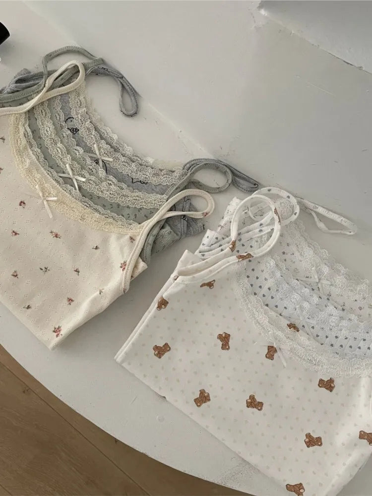 Sweet Floral Lace Trim Eyelet Tank Tops Women New Summer Cotton Bow Slim Preppy Style Cropped Vests Cute Preppy Style Chic Camis