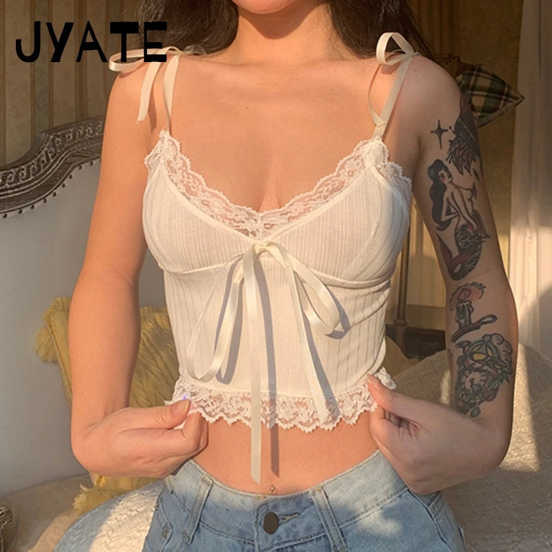 White Lace Trim Straps Tank Tops Women New Cotton Streetwear Sexy V-neck Slim Bow Cropped Vests Sweet Cute Vintage Camisole Y2K