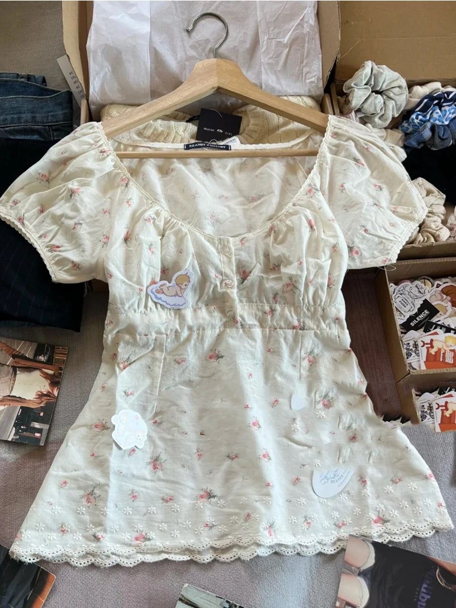New Lace Trim Strap Cotton Short Sleeve Tees Female Casual Simple Sexy White Crew Neck Tops Clothes Sweet Cute Chic T-shirts Y2K