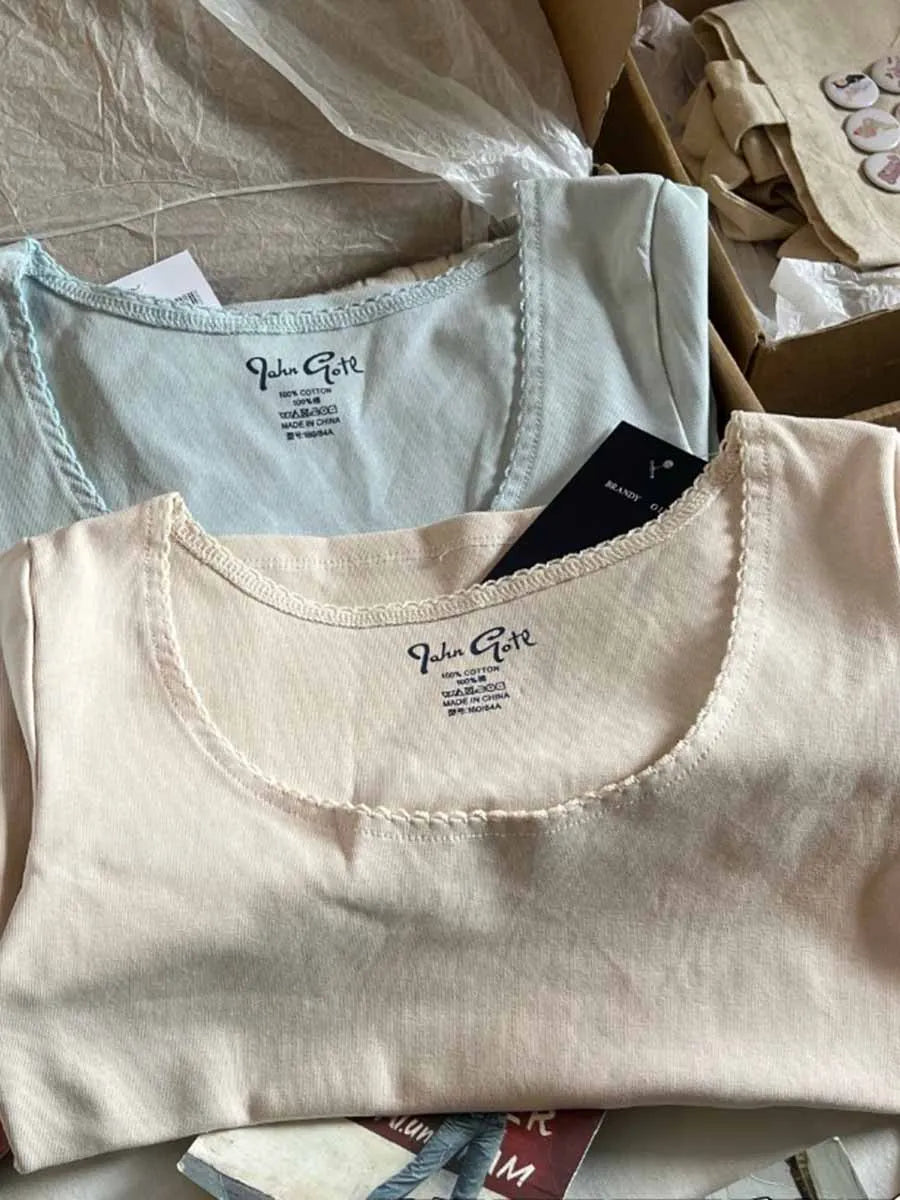 Sweet Crew Neck Solid Short Sleeve Tees Women Summer New Cotton Soft Casual Streetwear Chic Tops Vintage Cute Harajuku T-shirts