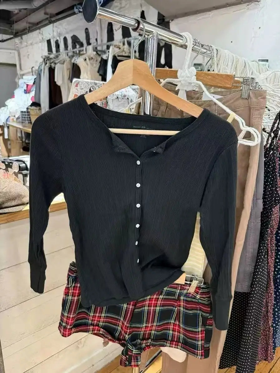 Eyelet Black Button Tops Cardigan Women New Cotton Patchwork Half Sleeve Tees Female Vintage Preppy Style Harajuku T-shirts Y2K