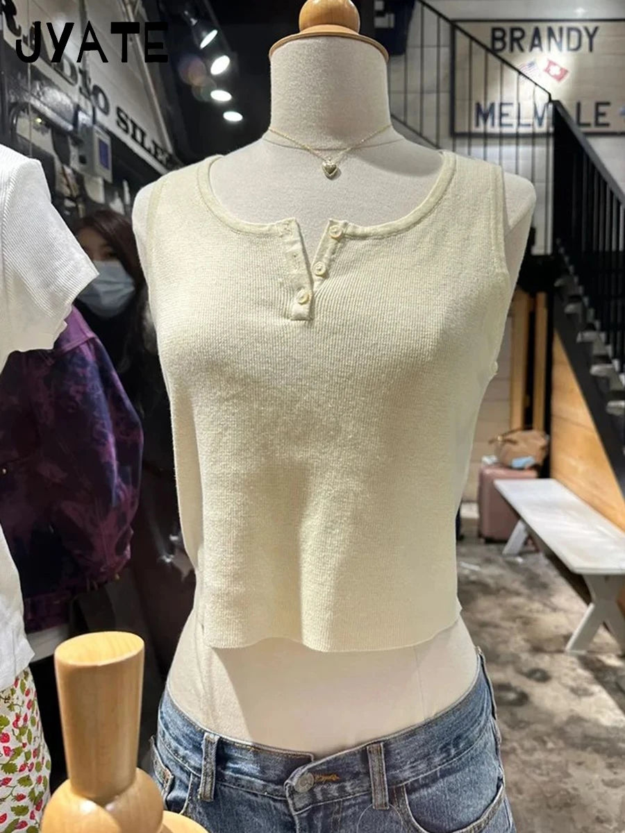 Beige Button O-neck Basic Tank Tops Women Summer Casual Cotton Soft Cute Preppy Cropped Vests Vintage Chic Sweet Camisole Y2K
