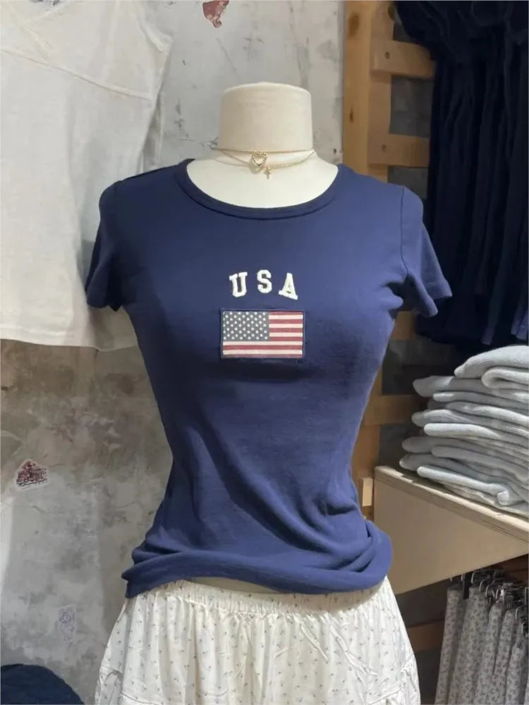 Vintage Flag Embroidery Slim T-shirt Women Summer Navy Cotton O-neck Short Sleeve Tee Shirts Cute Preppy Style Tshirt Y2K Tops