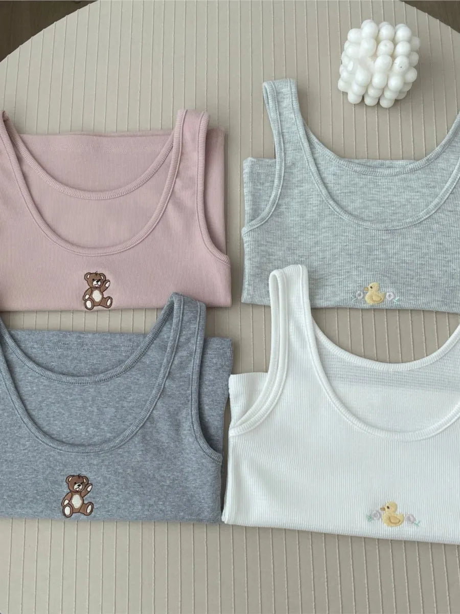 Cute Little Duck Embroidery Tank Tops Women Summer New Cotton Casual U-neck Sleeveless Vests Simple Basic Sweet Camisole Y2K Top