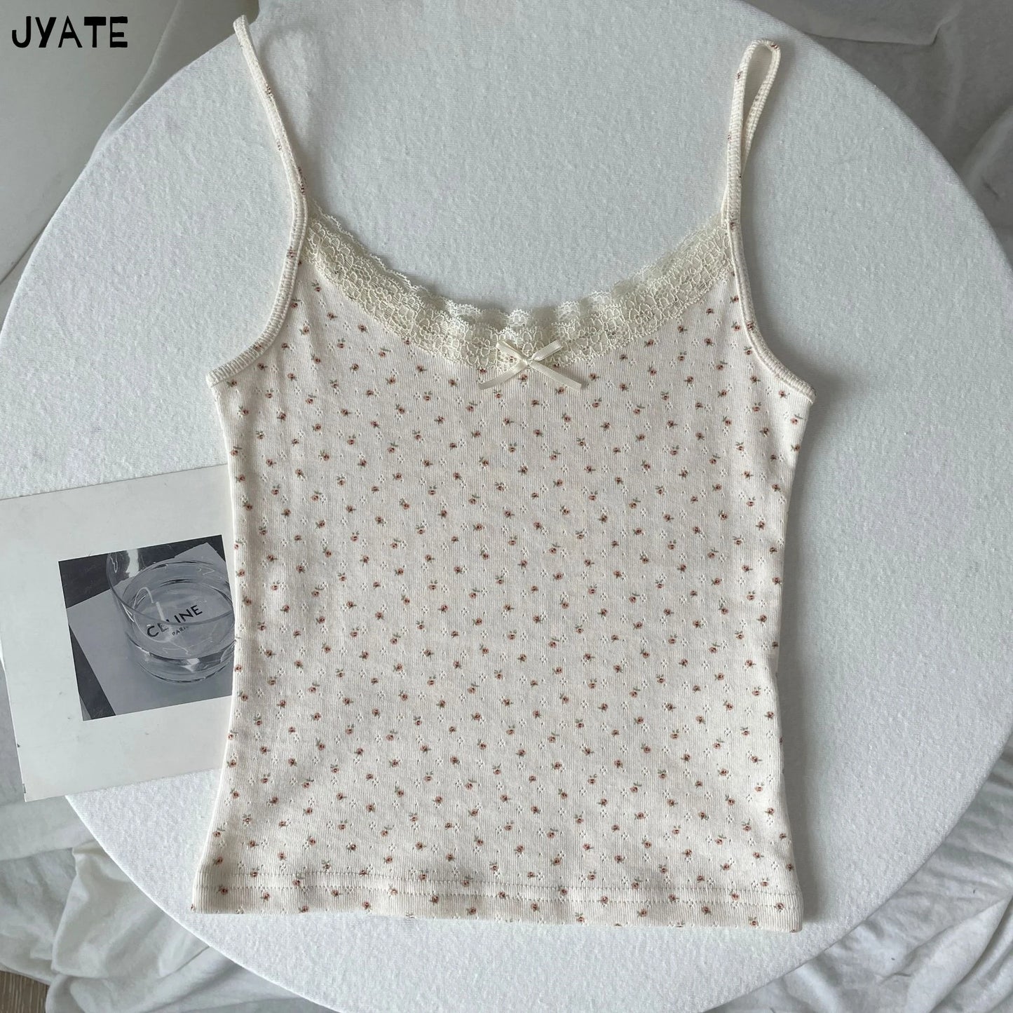 Cute Cartoon Lace Trim Tank Tops Women Summer New Slim Cotton Sleeveless Vests Vintage Sweet Preppy Style Camisole Y2K Clothes