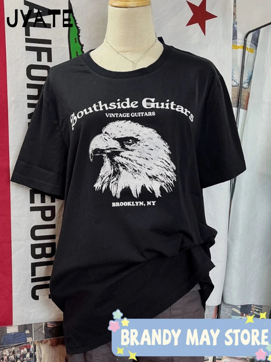 Eagle Print Black Loose T Shirt Women Summer Streetwear Casual Preppy Style Short Sleeve Tee Vintage Harajuku Chic T-shirts Y2K