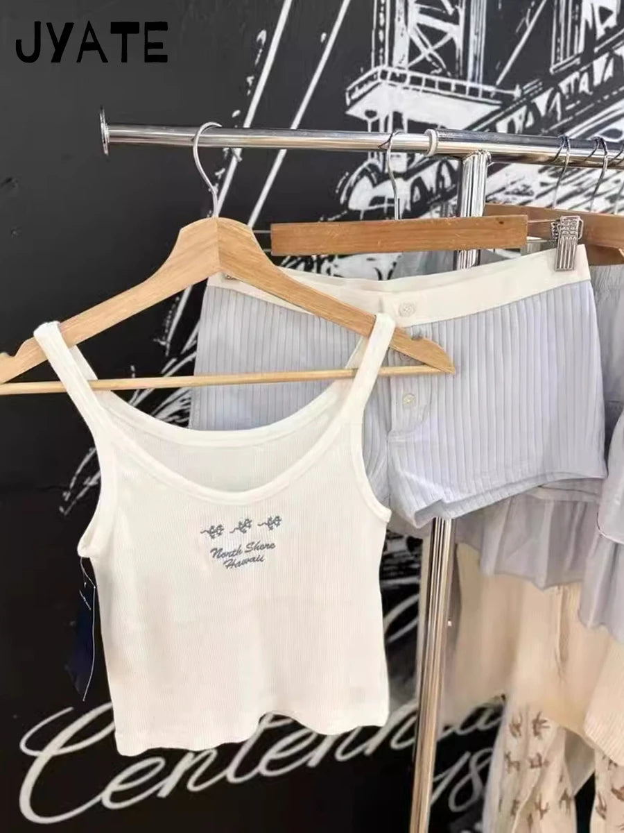 Letter Embroidery U-neck Crop Tops Women Summer New Cotton Casual Ribbed Cropped Sleeveless Vest Vintage Sweet Chic Tank Top Y2K