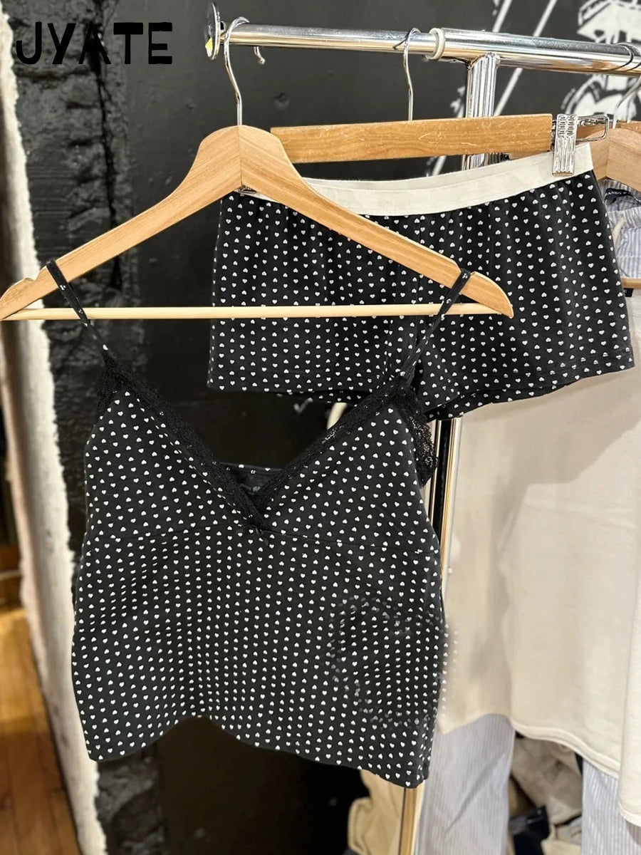 Heart Print Vest Shorts 2 Pieces Set Women New Lace V-neck Slim Tank Tops Elastic Waist Short Pants Sweet Home Pajama Sets Y2K