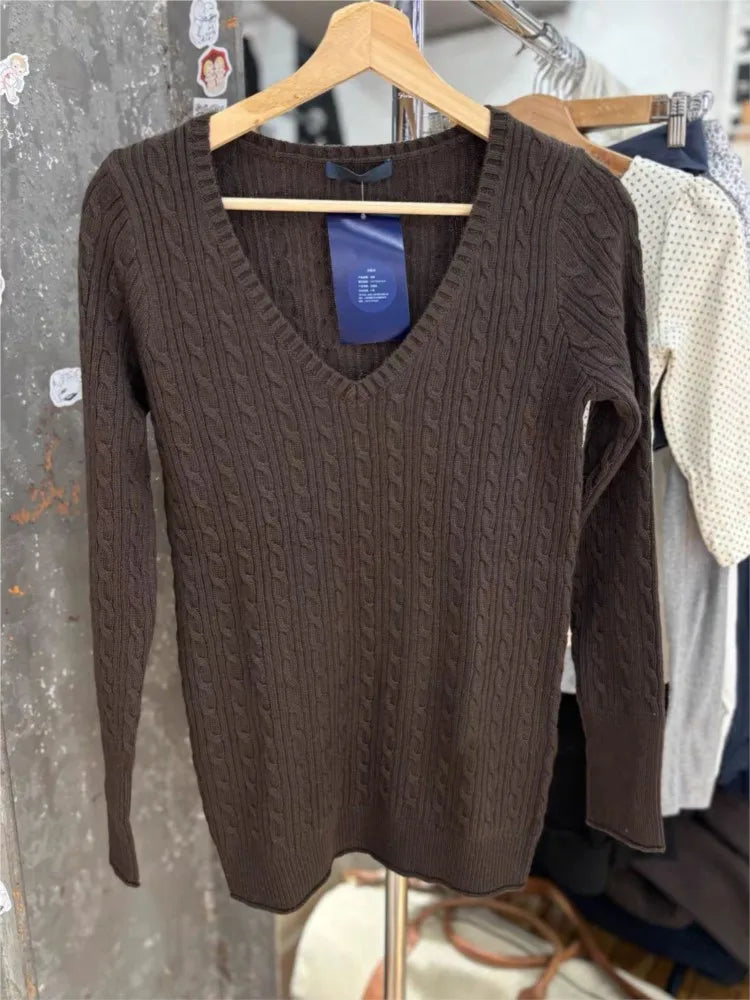 Brown Twisted Flower Sweater Spring Deep V-neck Raw Hem Long Sleeve Pullover Top Vintage Casual Preppy Style Woman's Jumpers
