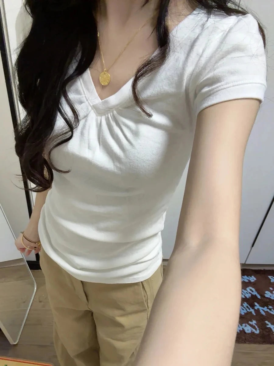 Pink V-neck Slim T-shirts Women Casual Streetwear Cotton Soft Short Sleeve Tees Sweet Cute Chic Tshirts Y2K