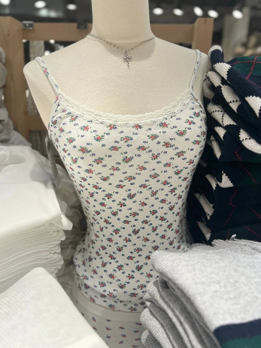 Pink Floral Eyelet Slim Tank Top Women Spring Lace Trim Sleeveless Cotton Crop Tops Casual Sweet Cute Preppy Style Y2K Camis New