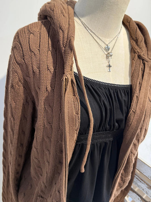Brown Twisted Flower Hooded Zipper Coat Women Autumn Long Sleeve Pocket Knit Cardigan Sweater Sweet Preppy Style Knitwear