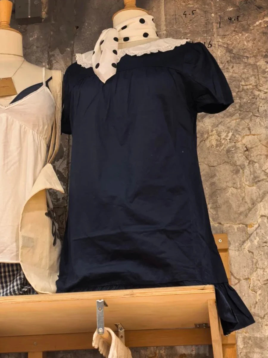 Vintage Navy Puff Sleeve Dress Women Streetwear Simple Ruffled Hem Cotton Dresses Y2K Clothes Sweet Cute Preppy Style Vestidos