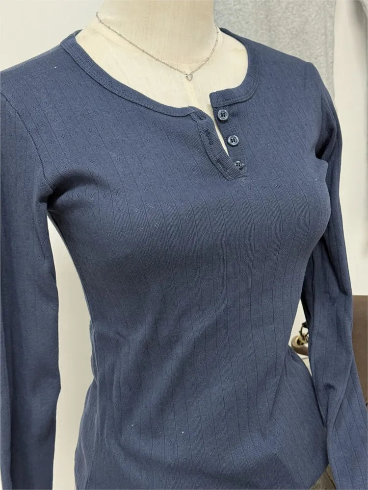 Eyelet Slim Long Sleeve T-shirt Women Simple Basic Preppy Style Buttons O-neck Cotton Tee Shirts Cute Vintage Sweet Tops