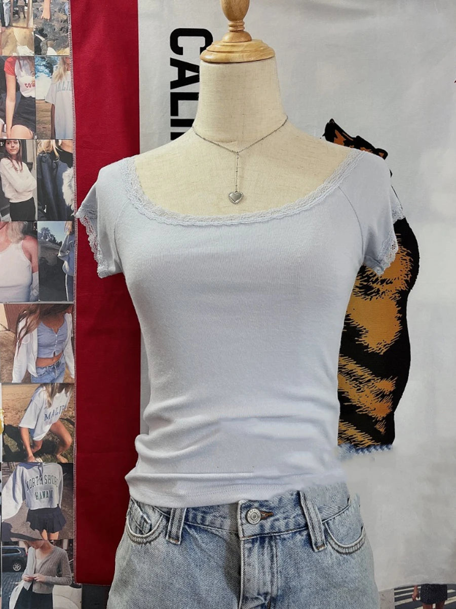 Blue Lace Trim Slim Slash Neck T-shirts Female New Cotton Casual Simple Short Sleeve Tees Vintage Chic Sweet Tops Women Clothes