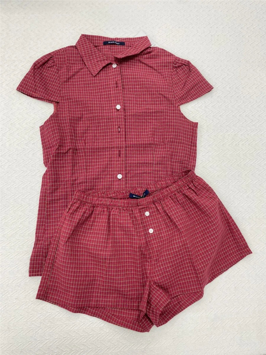Vintage Red Plaid Blouse T-shirt Short Set Women Summer Buttons Tee+Straight Sweatshorts Suit Sweet Home Pajama 2 Piece Sets Y2K