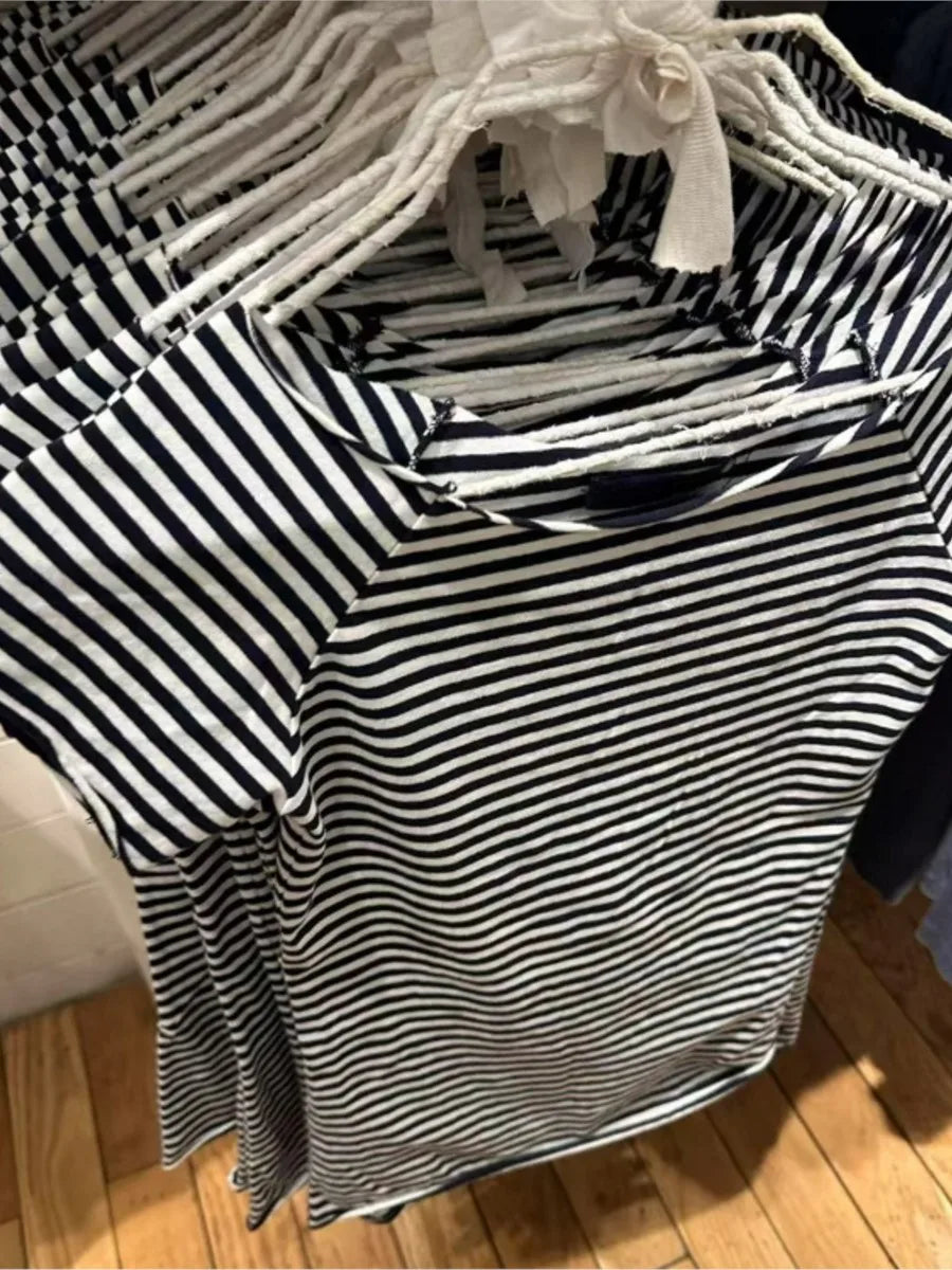 Slash Neck Navy Striped T-shirt Women Summer Raw Hem Slim Cotton Short Sleeve Tees Female Vintage Chic Tshirt Y2K Tops New
