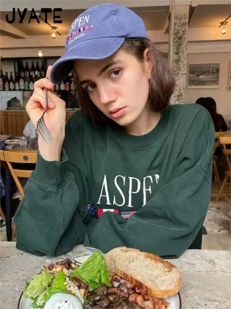 Fashion Letter Flag Embroidery Sweatshirts Women Casual High Quality Cotton O-neck Pullover Tops Vintage Loose Chic Y2K Hoodies