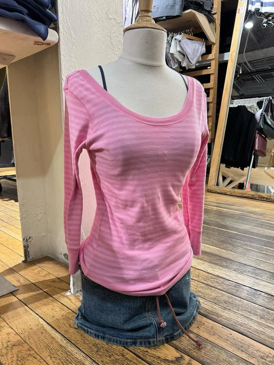 Rose Pink Striped T-shirts Women Casual Streetwear U Collar Slim Cotton Three Quarter Tees Sweet Cute Preppy Style Tshirt Y2K