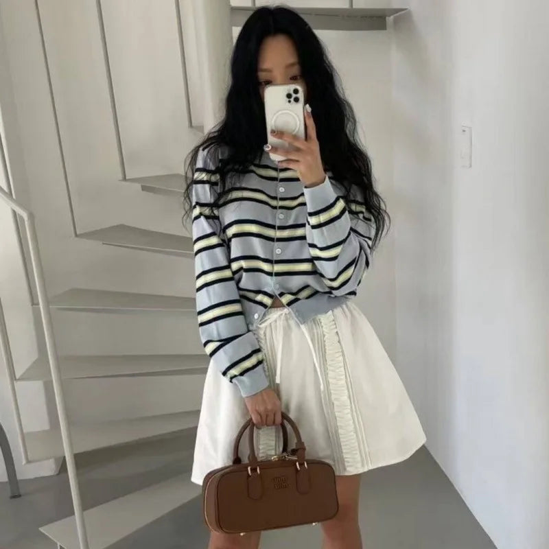 Classic Striped Knitted Cardigan Women's Autumn Round Neck Cotton Soft Design Button Sweater Vintage Sweet Preppy Style Sweaters